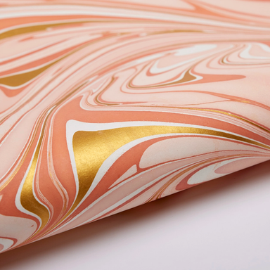 Handmade Indian Cotton Paper- Marbled Waves- coral and gold-  detail