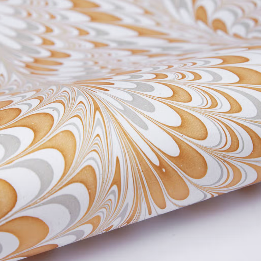 Handmade Indian Cotton Paper- Marbled Peacock White with gold and silver- detail