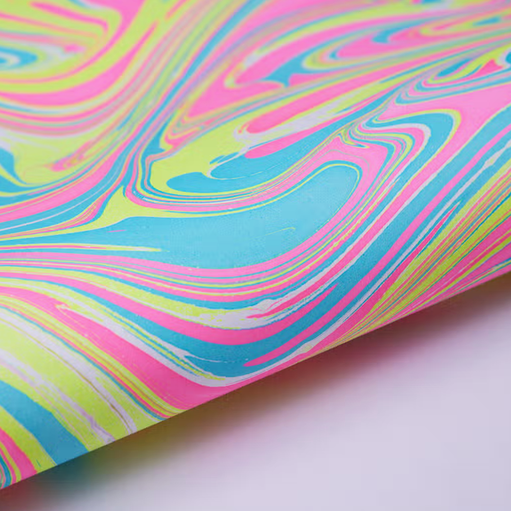 Handmade Indian Cotton Paper- Marbled Waves- Neon colors detail