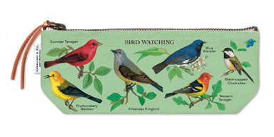 Cavallini & Co. Bird Watching Mini Pouch- showing illustrations of various birds and text on a light blue background