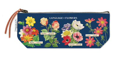 Cavallini & Co. Language of Flowers Mini Pouch- a pouch with floral design and 'Language of Flowers' text on a blue background