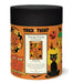 Cavallini & Co. Halloween 500 Piece Puzzle- image of back of package.  The orange label features classic Halloween illustrations including pumpkins, a black cat in a yellow moon, an owl, and the text 'TRICK OR TREAT' and 'Vintage Puzzle HALLOWEEN'.