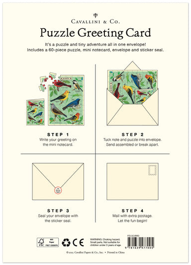 Cavallini & Co. puzzle greeting card packaging with step-by-step instructions.