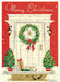 Christmas-themed puzzle greeting card with wreath, trees, and presents on a red background
