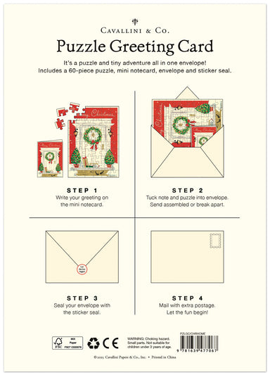 Cavallini & Co. Puzzle Greeting Card packaging with step-by-step instructions on a white background.