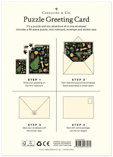 Cavallini & Co. Foraging Puzzle Greeting Card back of card showing step by step instructions for use
