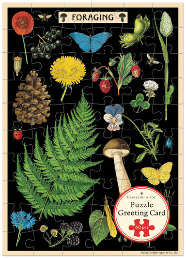 Cavallini & Co. Foraging Puzzle Greeting Card with vintage images of various forest floor flora and fauna