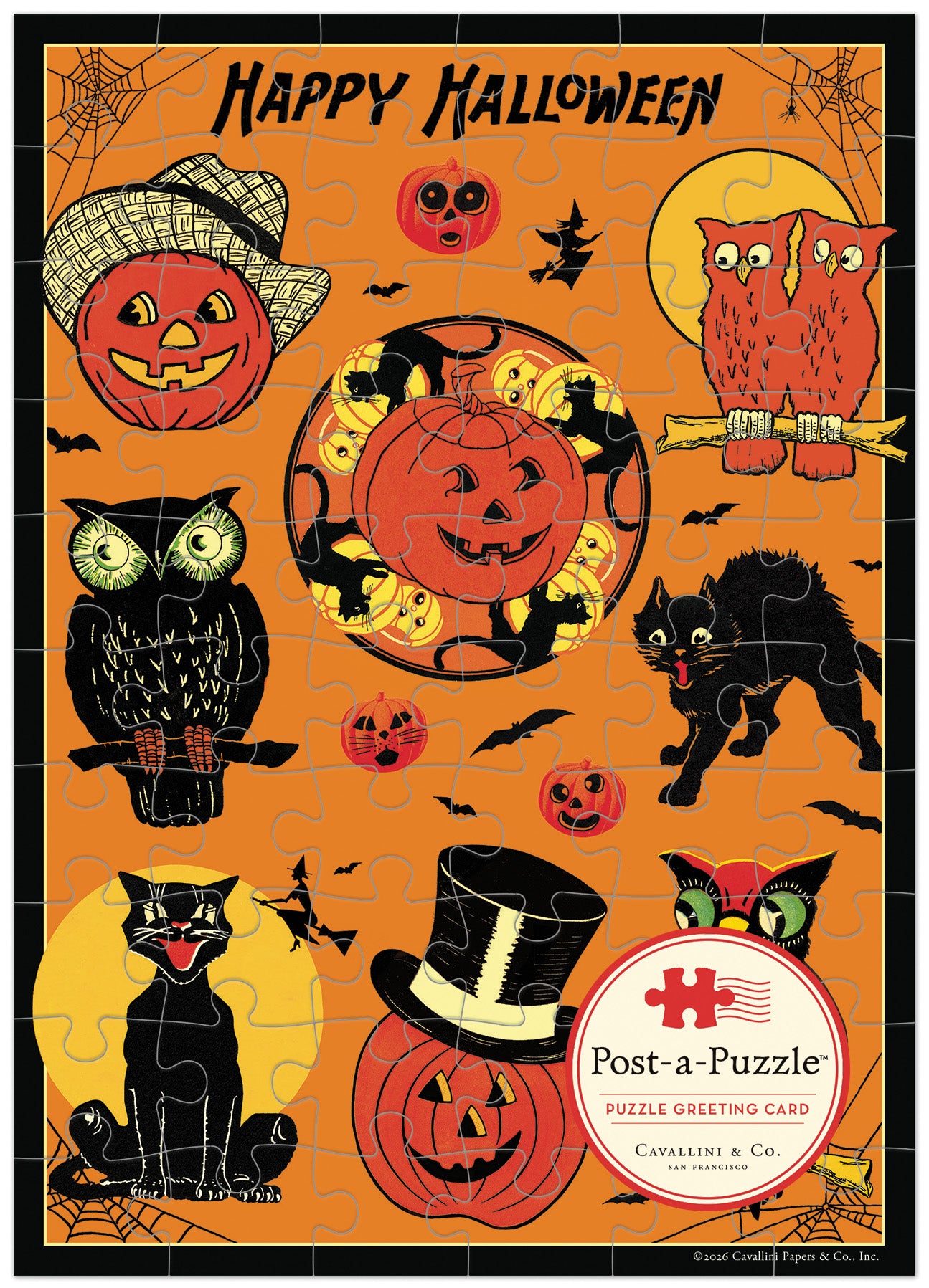 Cavallini & Co. Halloween Puzzle Greeting Card- image showing a completed jigsaw puzzle featuring a Halloween theme with the text 'Happy Halloween' at the top. The design includes orange pumpkins, black cats, red owls, bats, spiderwebs, and a large central pumpkin on an orange background.