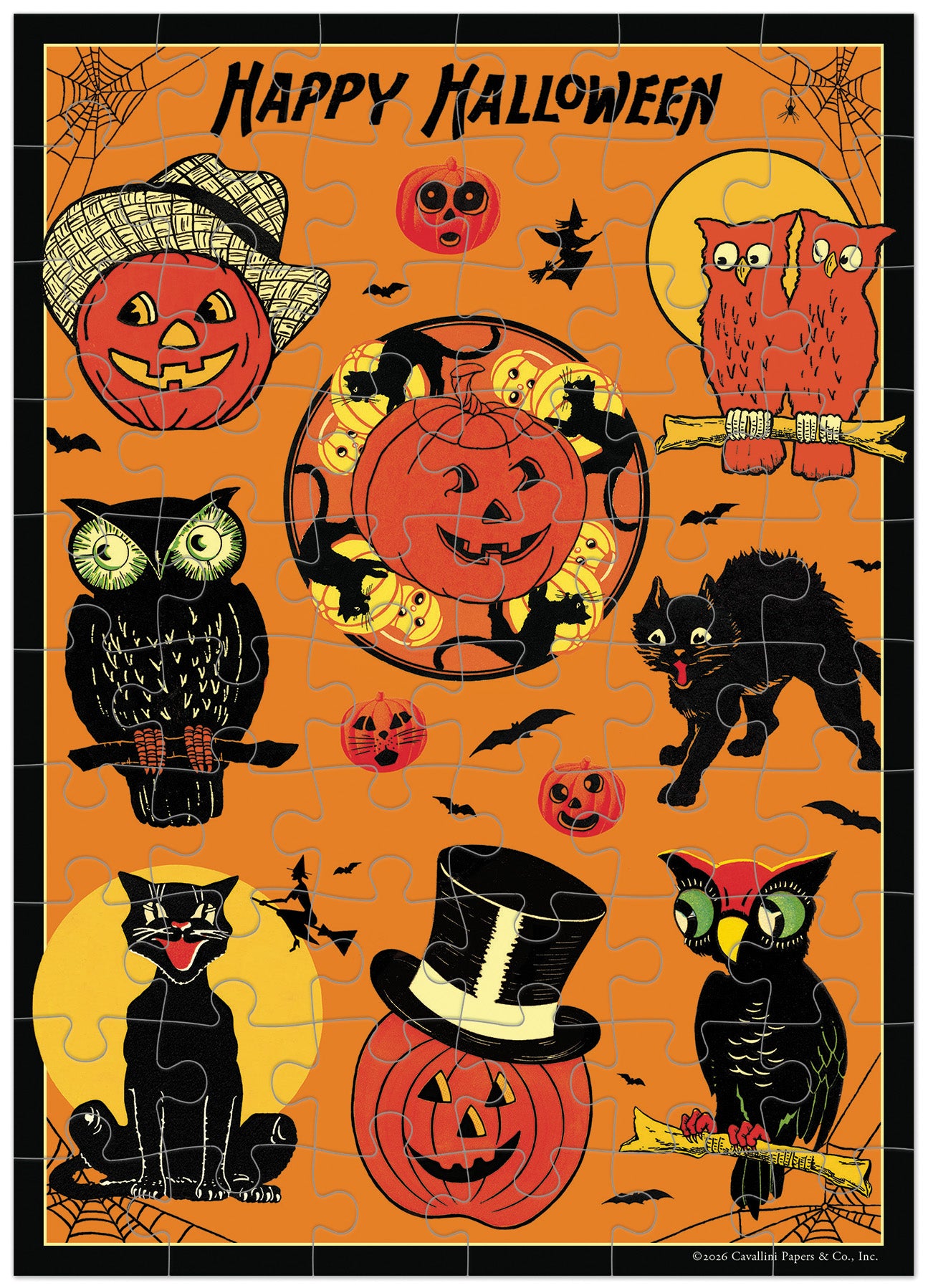 A completed greeting card jigsaw puzzle featuring a Halloween theme on an orange background, with jack-o'-lanterns, owls, a black cat, bats, spiderwebs, and the words 'Happy Halloween' at the top.