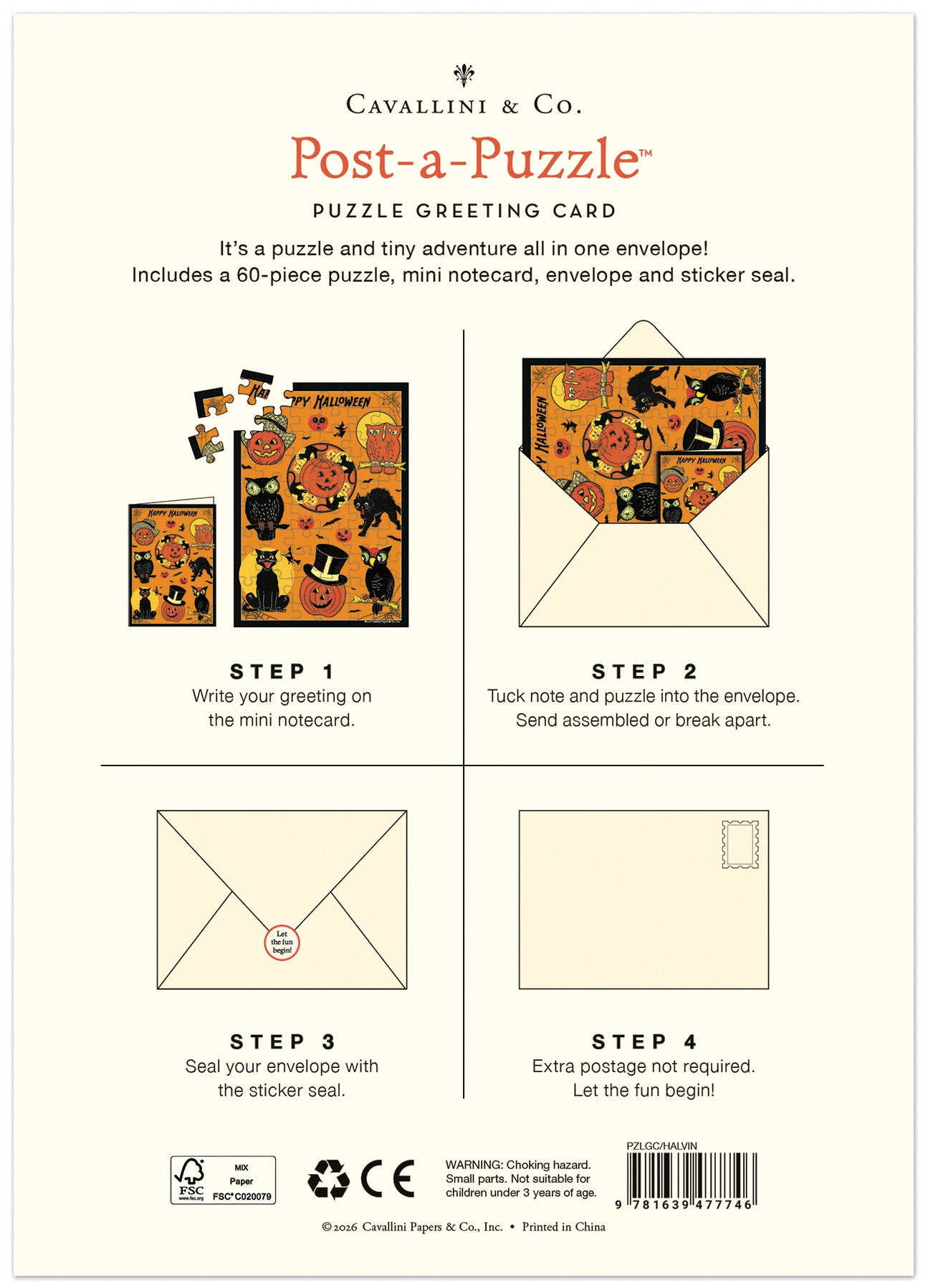 Back of a Cavallini & Co. Post-a-Puzzle 'Pumpkin' Puzzle Greeting Card, showing product description, included contents, and four step-by-step assembly instructions on an off-white background.