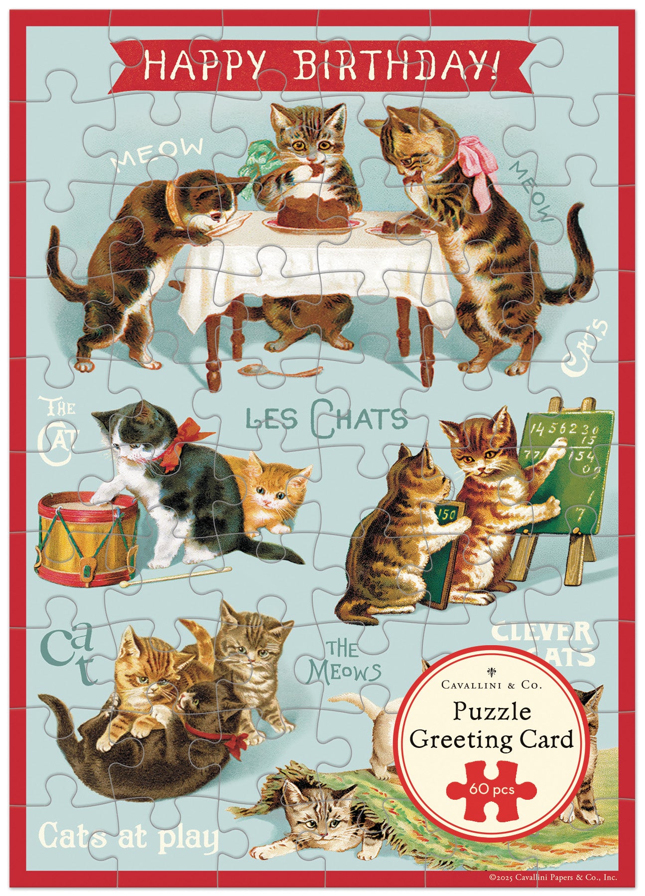 Puzzle greeting card with vintage-style illustration of cats and 'Happy Birthday!' text.