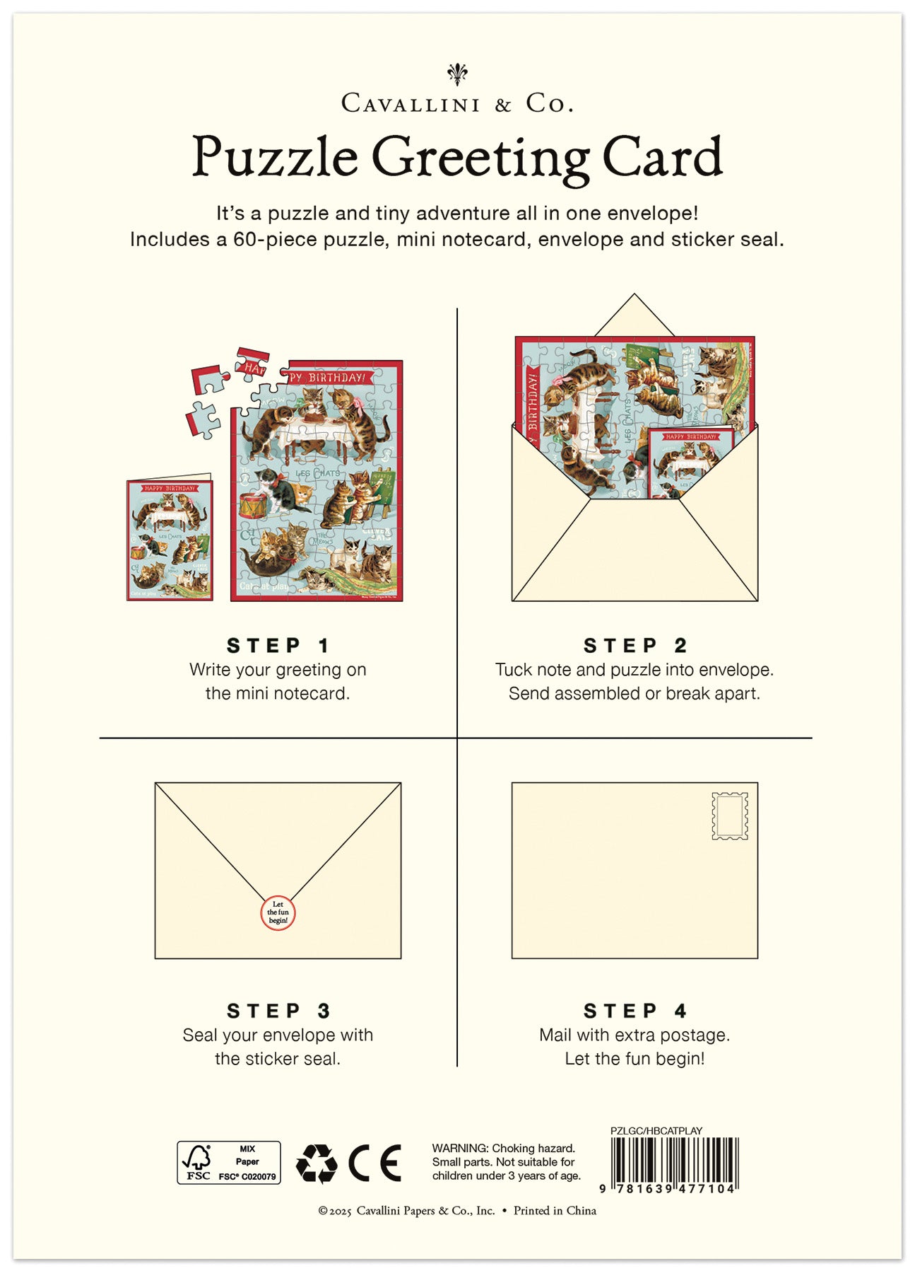 Cavallini & Co. Puzzle Greeting Card packaging with step-by-step instructions on a white background.