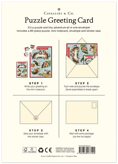 Cavallini & Co. Puzzle Greeting Card packaging with step-by-step instructions on a white background.