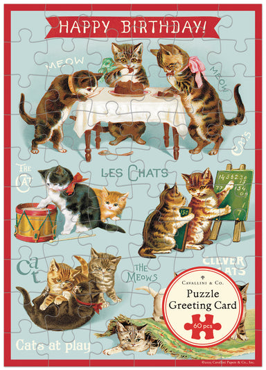 Puzzle greeting card with vintage-style illustration of cats and 'Happy Birthday!' text.