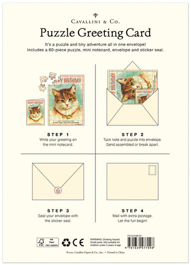 Cavallini & Co. Puzzle Greeting Card packaging with steps on how to use the product.