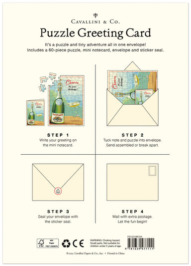 Cavallini & Co. Puzzle Greeting Card packaging with step-by-step instructions on a white background.