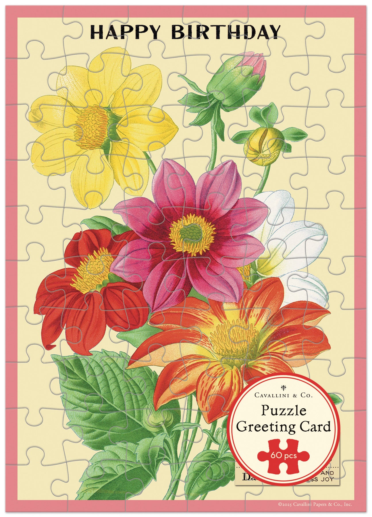 Cavallini & Co. Happy Birthday Language of Flowers Puzzle Greeting Card- Floral puzzle greeting card with colorful flowers and 'Happy Birthday' text.