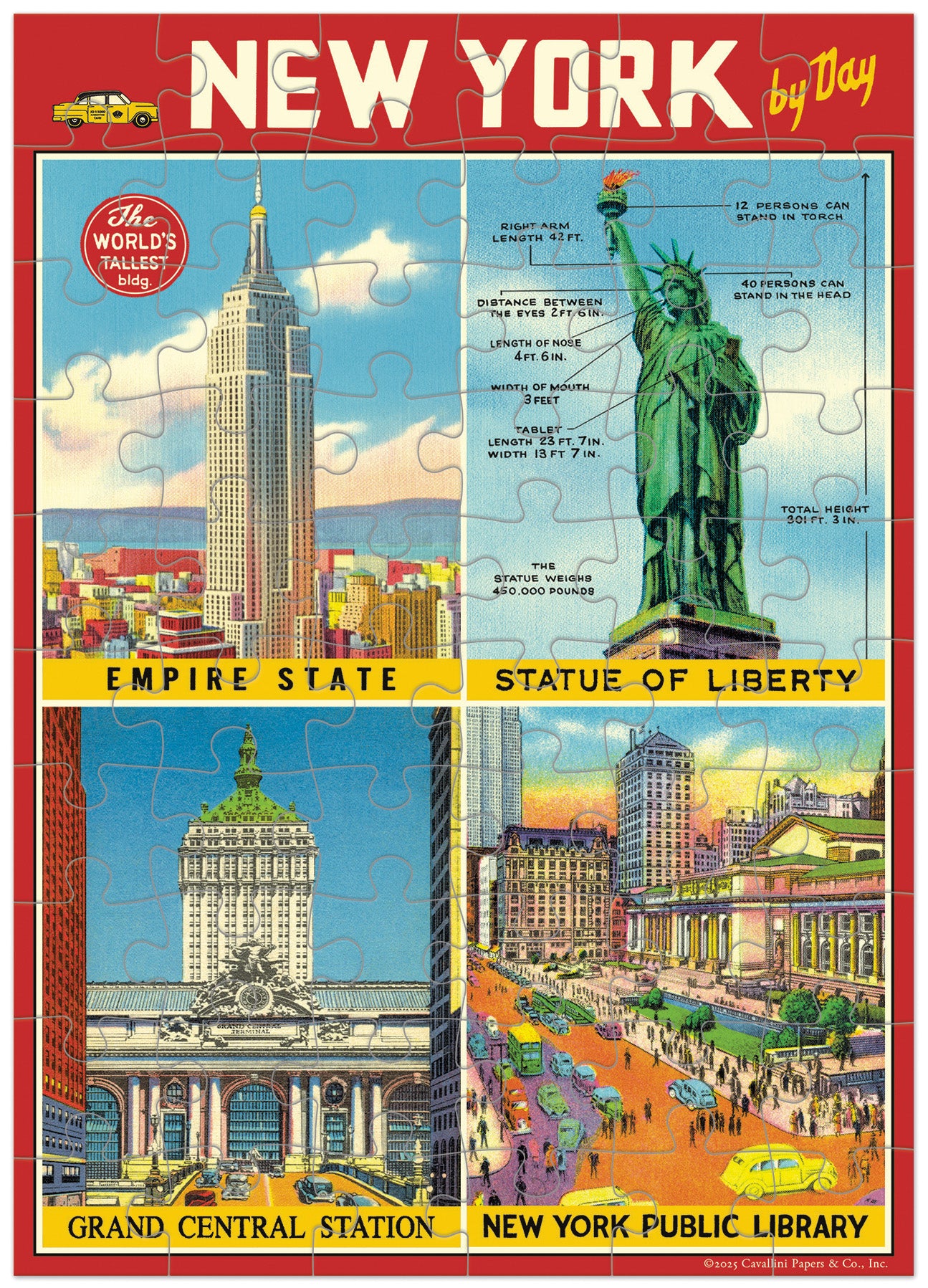 Greeting Card Puzzle with images of New York landmarks including the Empire State Building, Statue of Liberty, Grand Central Station, and New York Public Library.