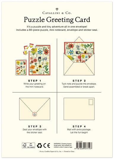 Cavallini & Co. Puzzle Greeting Card packaging with step-by-step instructions on a white background.