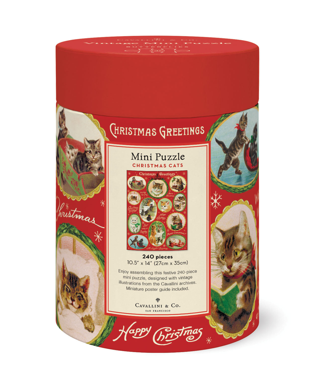 Cavallini & Co. Christmas Cats 240 Piece Mini Puzzle image showing back of packaging