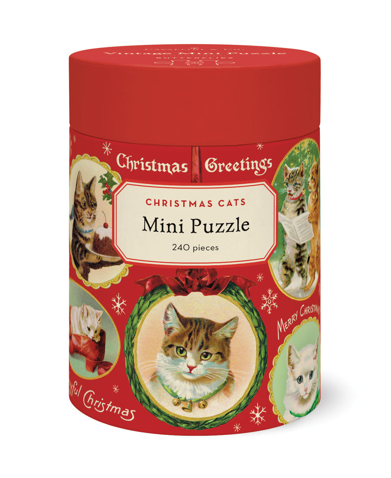 Cavallini & Co. Christmas Cats 240 Piece Mini Puzzle- image showing red cylindrical puzzle box with Christmas-themed cat illustrations on a white background