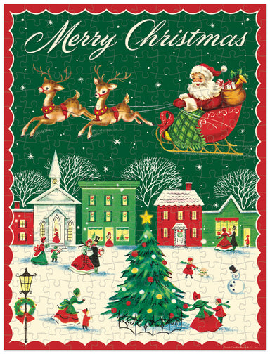 Cavallini & Co. Christmas 240 Piece Mini Puzzle- finished puzzle image of Santa in his sleigh with reindeer flying over housetops