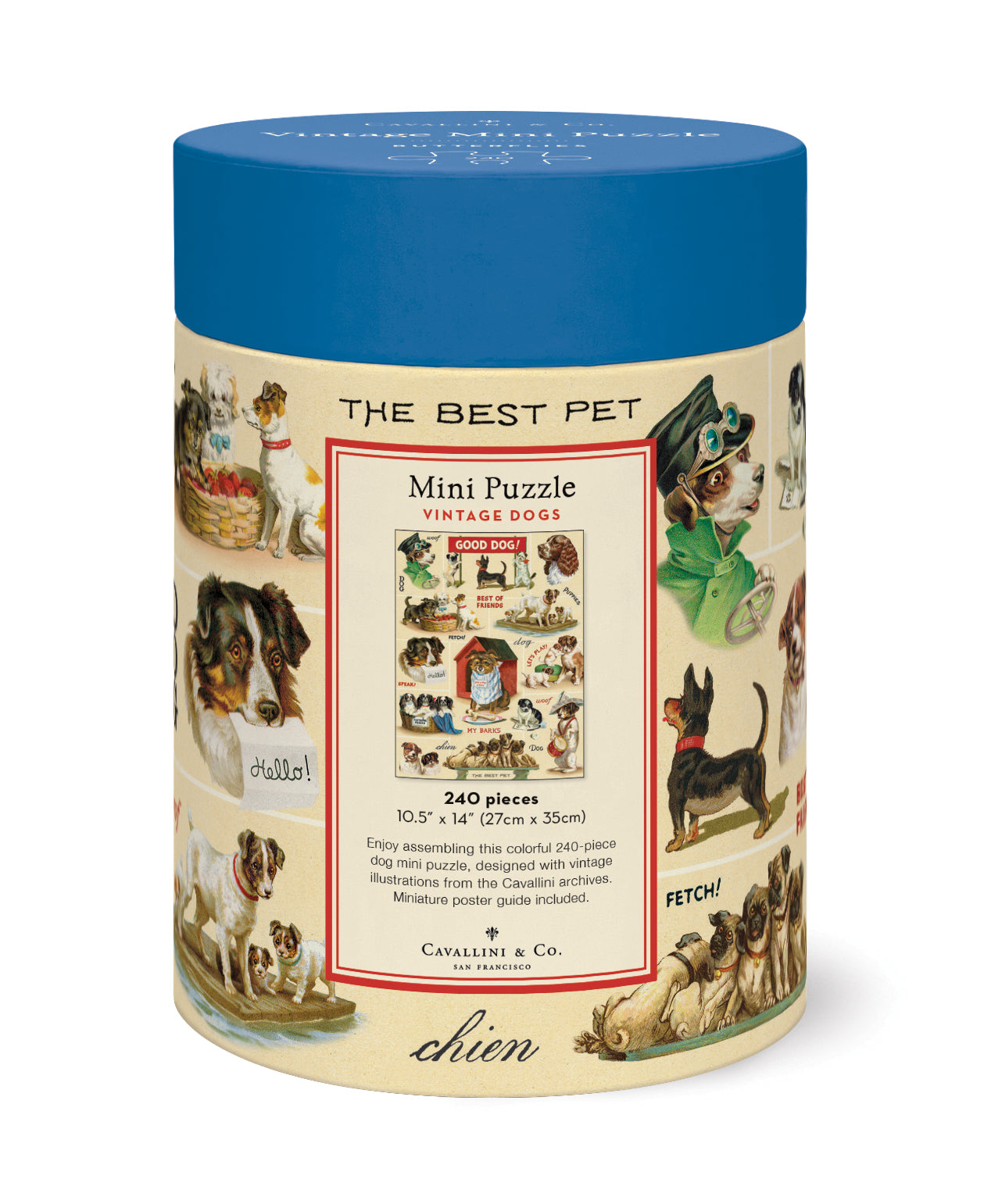 Cavallini & Co. Vintage Dogs 240 Piece Mini Puzzle- back side of package shown.