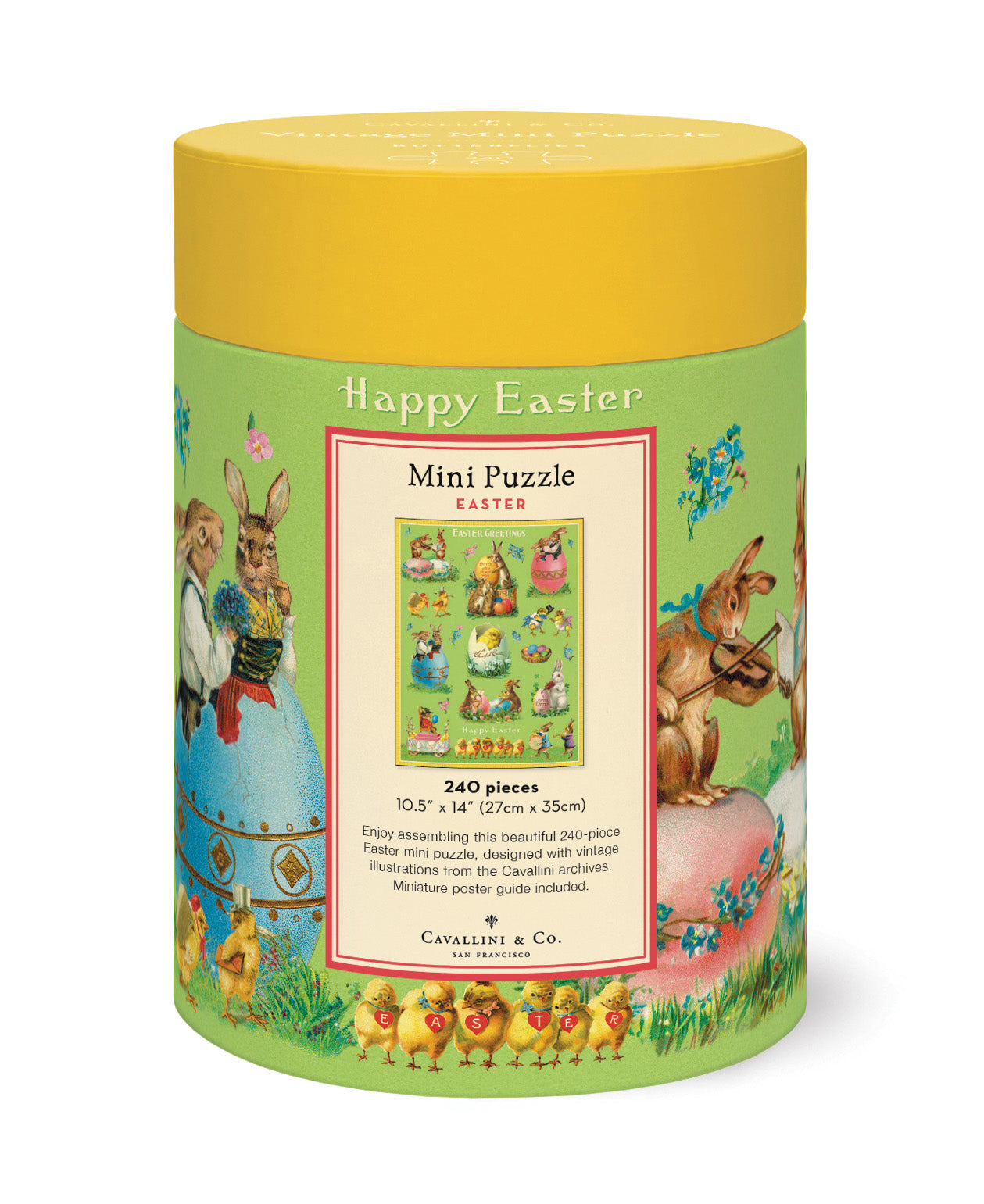 Cavallini & Co. Easter-themed mini puzzle packaging with colorful illustrations on a white background.