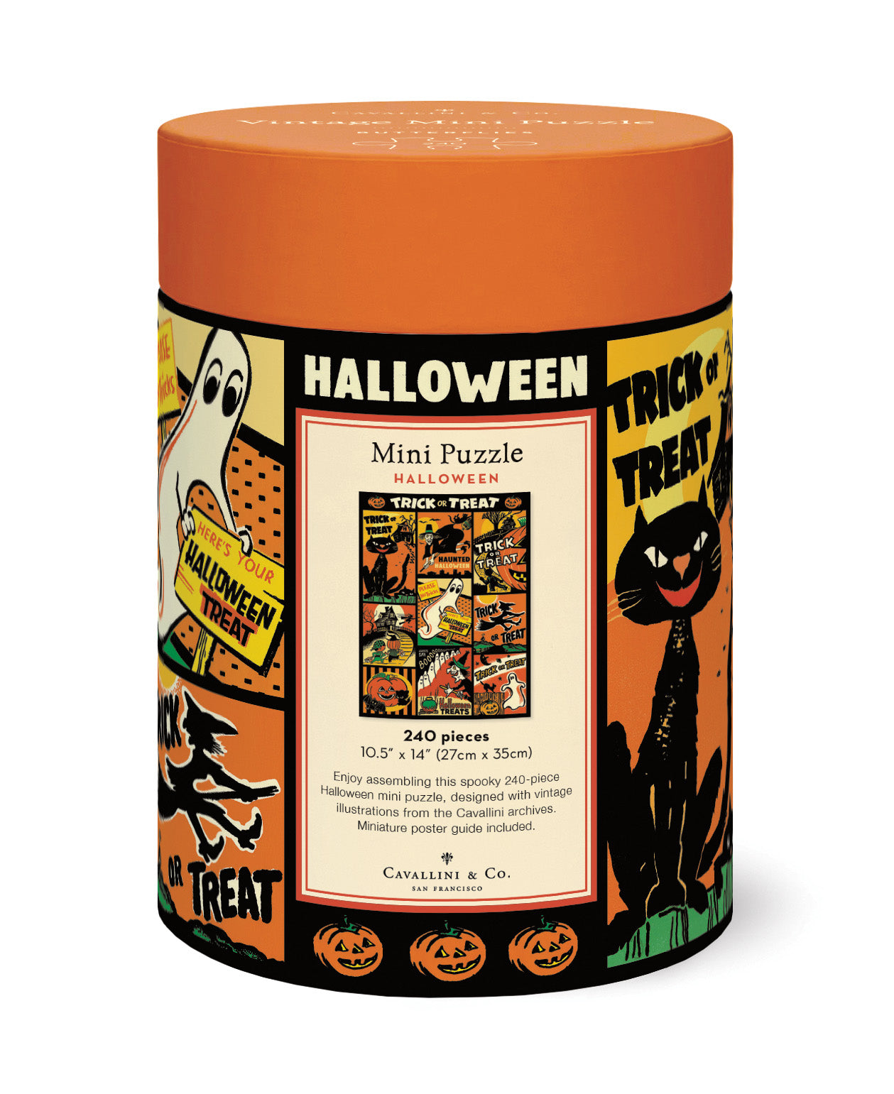 Cavallini & Co. Halloween 240 Piece Mini Puzzle back of cylindrical puzzle box