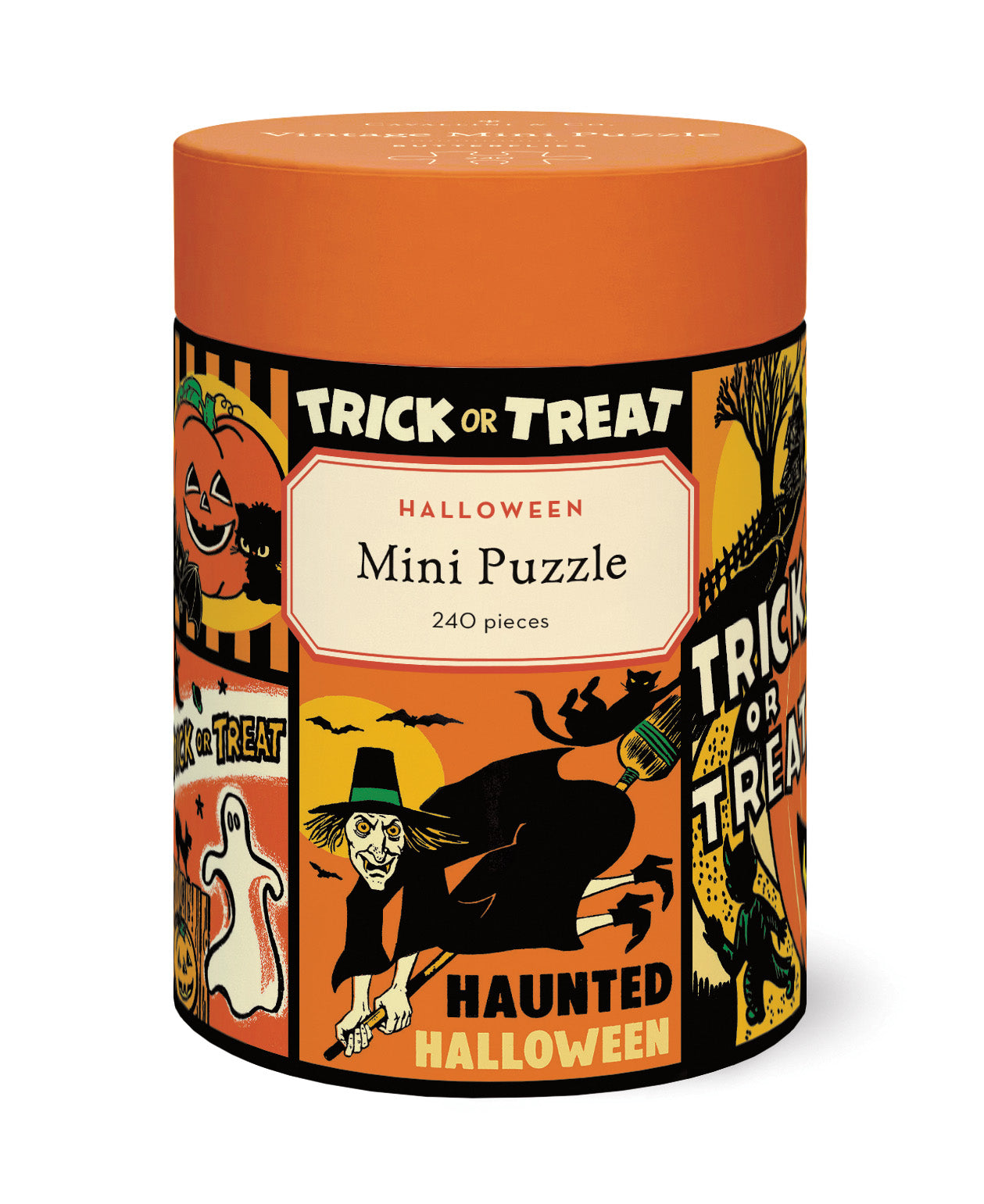 A cylindrical puzzle box for a Halloween mini puzzle, featuring an orange lid and a colorful Halloween-themed label with illustrations of a witch, pumpkin, ghost, and bats. The label reads 'TRICK OR TREAT HALLOWEEN Mini Puzzle 240 pieces' and 'HAUNTED HALLOWEEN'.