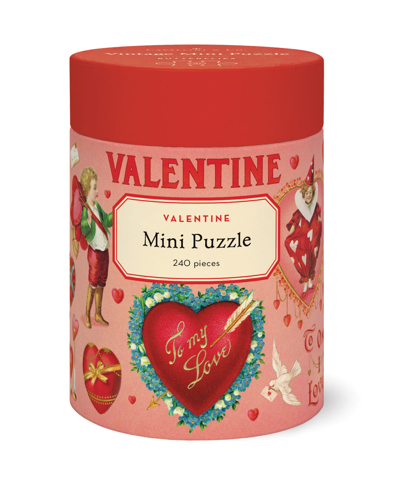 Cavallini & Co. Valentine 240 Piece Mini Puzzle- Valentine-themed mini puzzle packaging with red lid and pink body on a white background