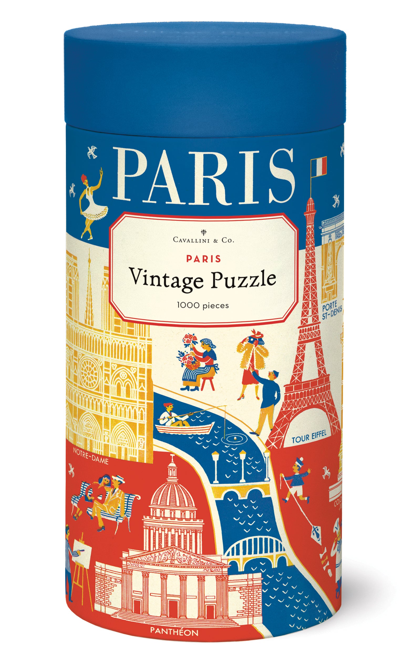 Cavallini & Co. Paris 1000 Piece Puzzle- image showing Jigsaw puzzle box with Paris-themed design and blue lid