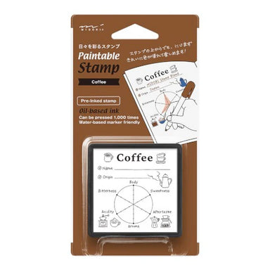 Midori Stamp Pad- Coffee- Paintable stamp with 'Coffee' design and instructions on a brown packaging