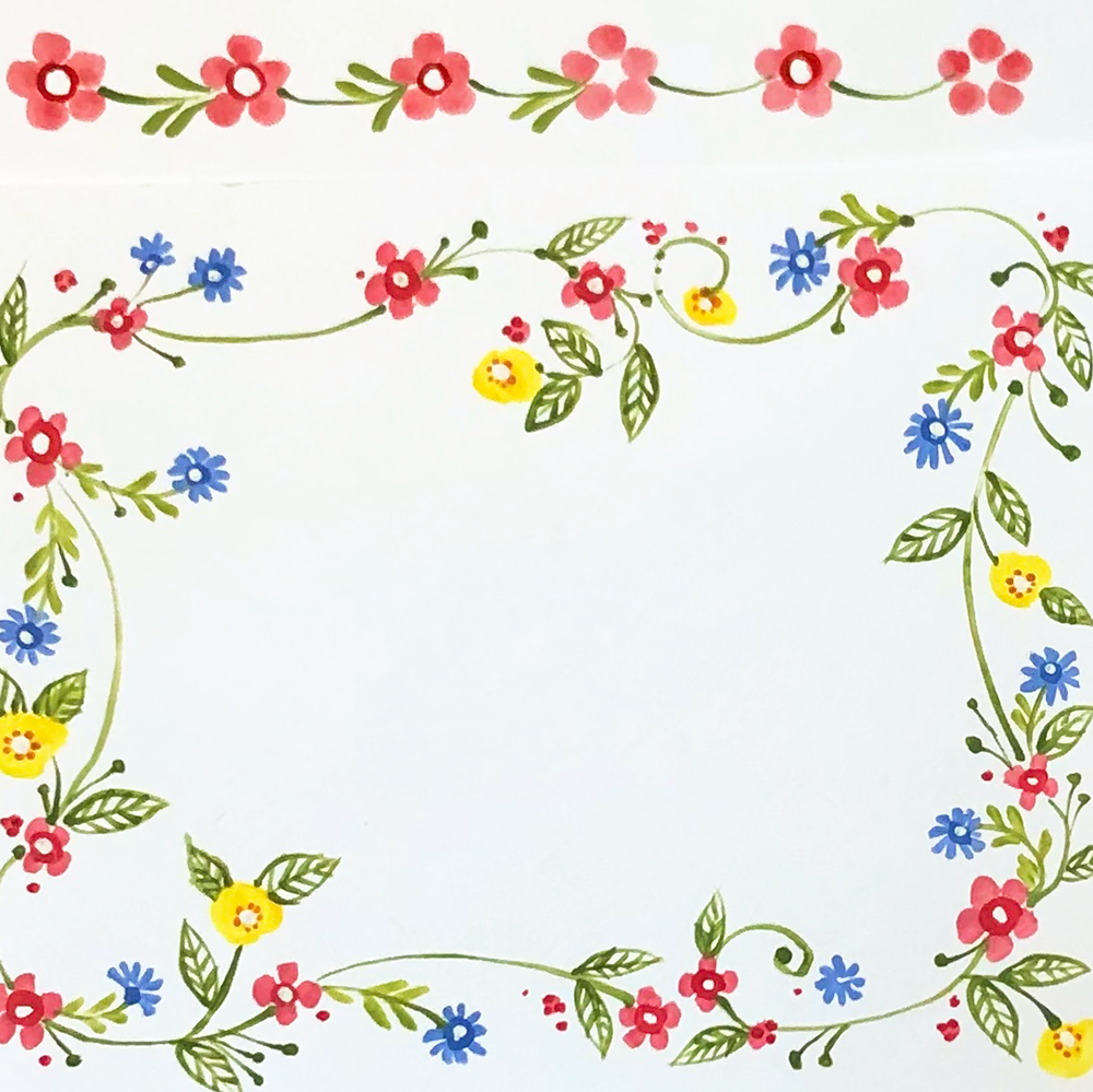 Decorative floral border with pink, blue, and yellow flowers on a white background