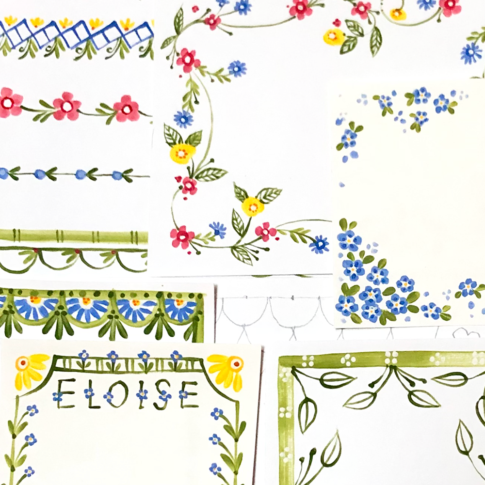 Decorative elements with floral patterns and the name 'Eloise' on a white background