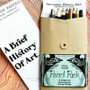 THP 2024 Limited Edition Pencil Pack- packaging with "A Brief History of Art" brochure, and a peek at the pencils included in the pack