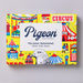 Pigeon product packaging with circus-themed design on a gray background