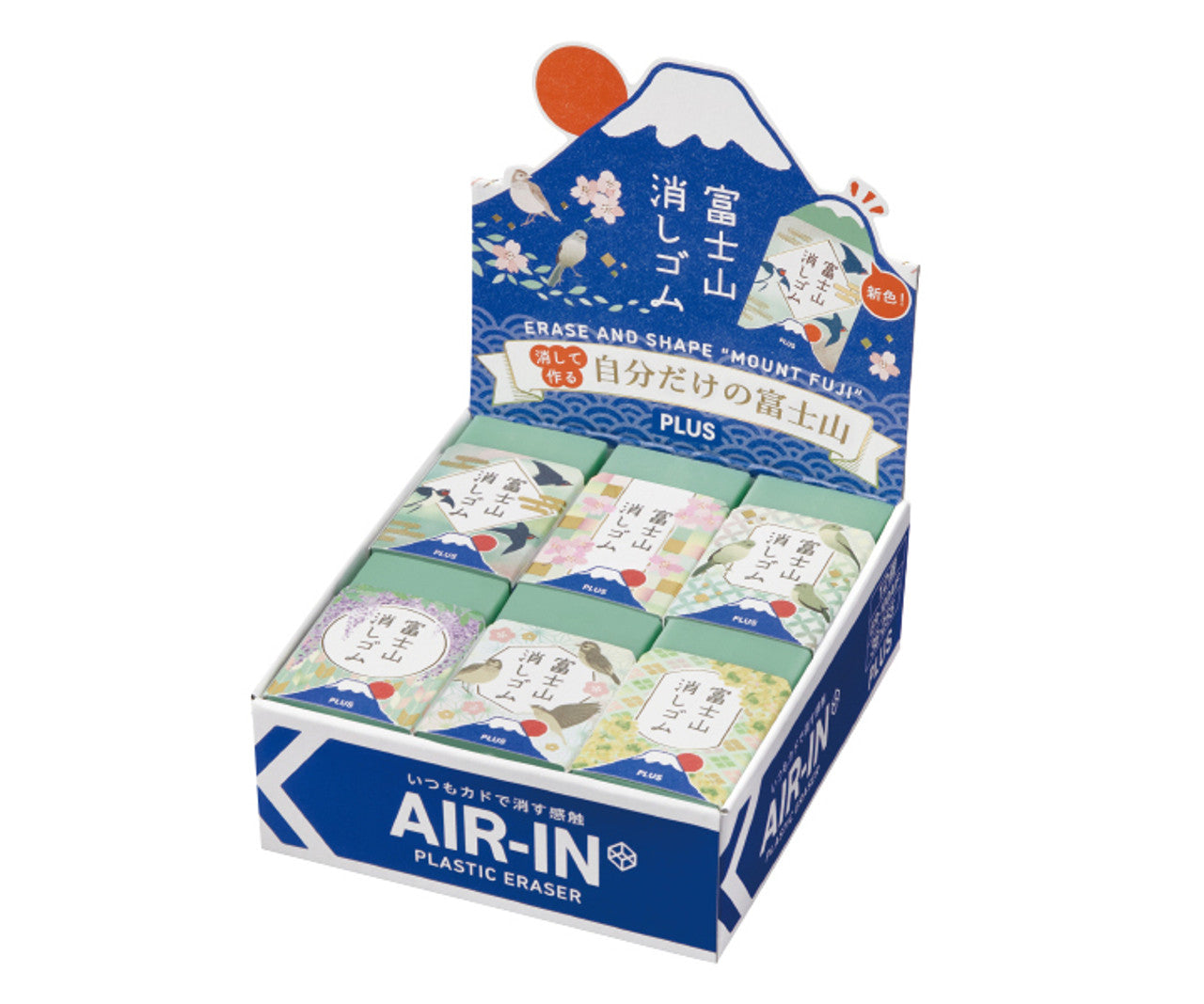PLUS Mt. Fuji Plastic Eraser shown in box of 12