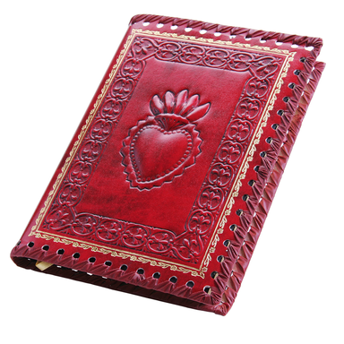 Red Sacred Heart Refillable Leather Journal cover with red heart and gold decorative border