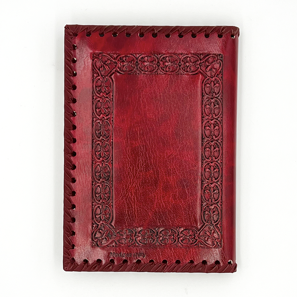 Red Sacred Heart Refillable Leather Journal showing back cover design details