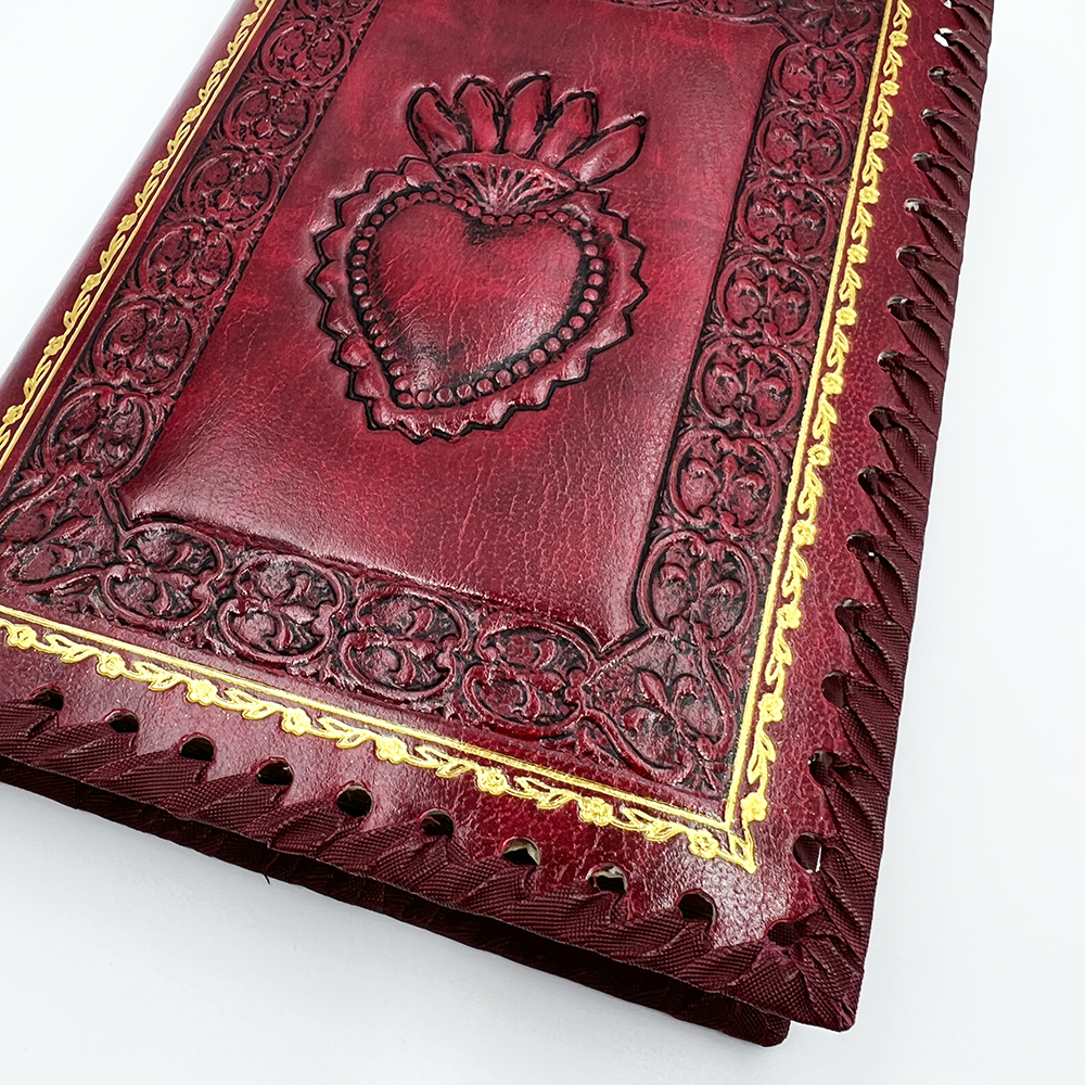 Red Sacred Heart Refillable Leather Journal cover details