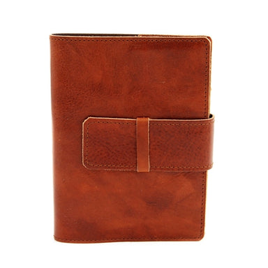 Italian Leather Refillable Journal- 5x7 Inches-  Honey Brown leather journal  with a strap on a white background