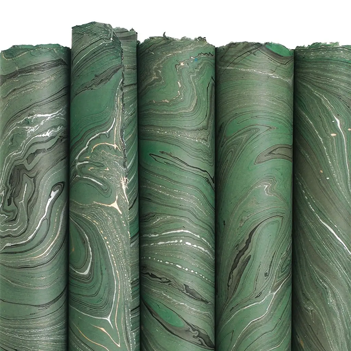 Handmade Marbled Paper- Dark Green with Black, Silver, Gold 5 sheets rolled to show pattern variations