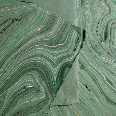 Handmade Marbled Paper- Dark Green with Black, Silver, Gold showing front and back sides with edge deckle