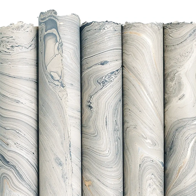 Handmade Marbled Paper- Light Gray with Silver/Gold and Black 5 sheets rolled to show pattern variations