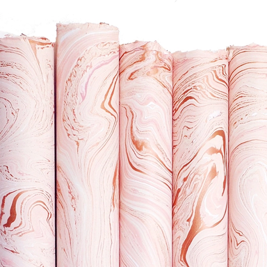 Marbled Paper- "Rose Gold" pale pink marbling with white and metallic copper highlights 5 sheets rolled to show pattern variations
