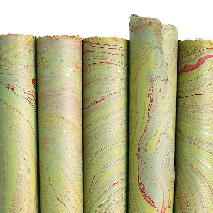 Handmade Marbled Paper- Sage Green with Red, Yellow-Green, Gold 5 sheets rolled to show pattern variations