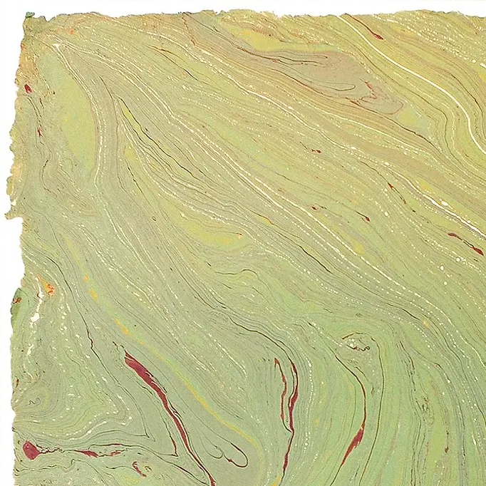 Handmade Marbled Paper- Sage Green with Red, Yellow-Green, Gold with deckled edge