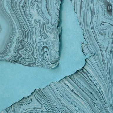 Handmade Marbled Papers- Teal with Gold and Black showing front and back sides with edge deckle