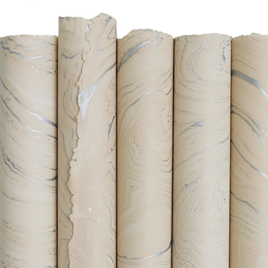 Handmade Marbled Paper- Cream with Silver 5 sheets rolled to show pattern variations